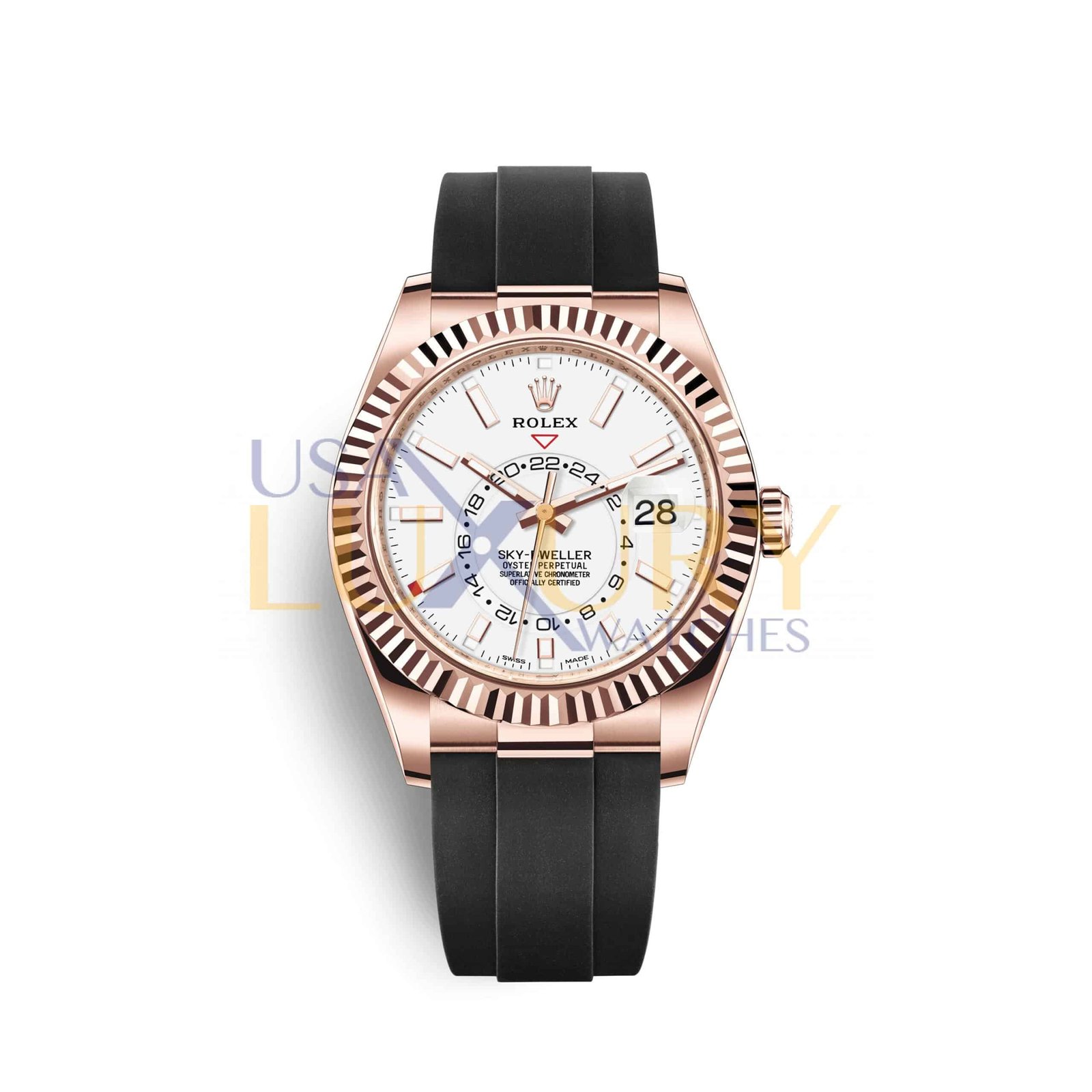 Rolex 326235 Oyster Perpetual Sky-Dweller 18K Everose Gold Oysterflex Bracelet White Dial Watch