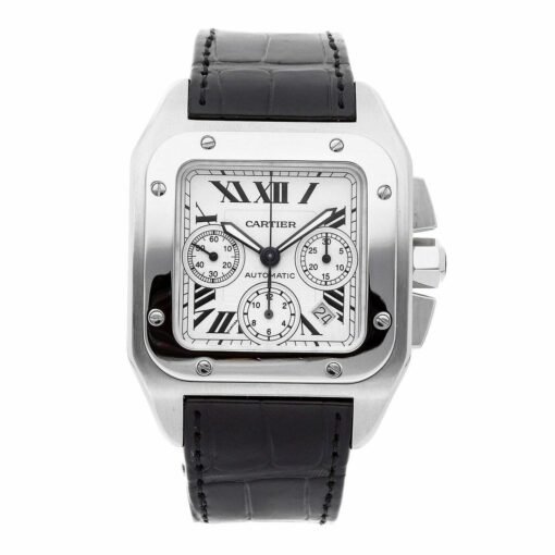 Cartier W20090X8 Santos 100 XL 42mm Chronograph Automatic White Roman Dial Black Strap Watch