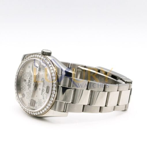 Rolex 116244 Datejust Silver Floral Diamond Bezel Stainless Steel Watch - Image 5