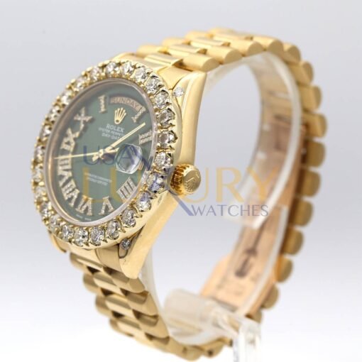 Rolex 18038 Day-Date 18k Yellow Gold Green Roman Dial Aftermarket Diamond Bezel Watch - Image 2