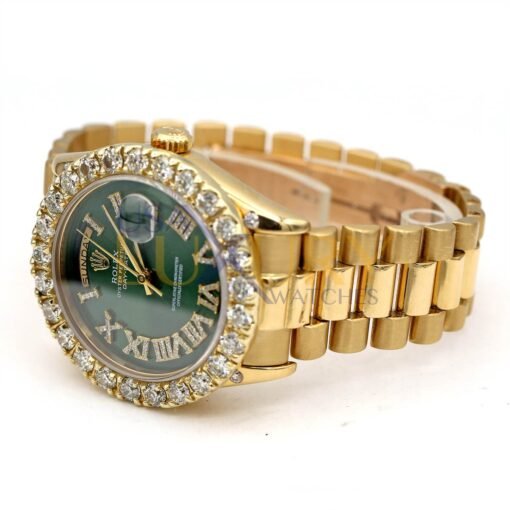 Rolex 18038 Day-Date 18k Yellow Gold Green Roman Dial Aftermarket Diamond Bezel Watch - Image 3