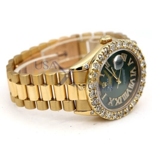 Rolex 18038 Day-Date 18k Yellow Gold Green Roman Dial Aftermarket Diamond Bezel Watch - Image 4