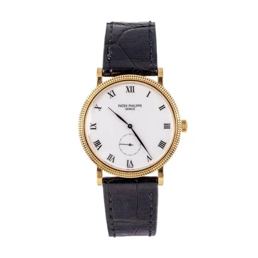 Patek Philippe 3919J-001 Calatrava 33mm 18k Yellow Gold White Dial Black Leather Strap Watch