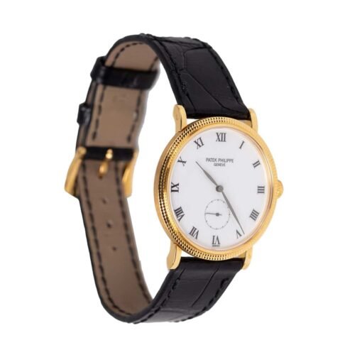 Patek Philippe 3919J-001 Calatrava 33mm 18k Yellow Gold White Dial Black Leather Strap Watch - Image 3