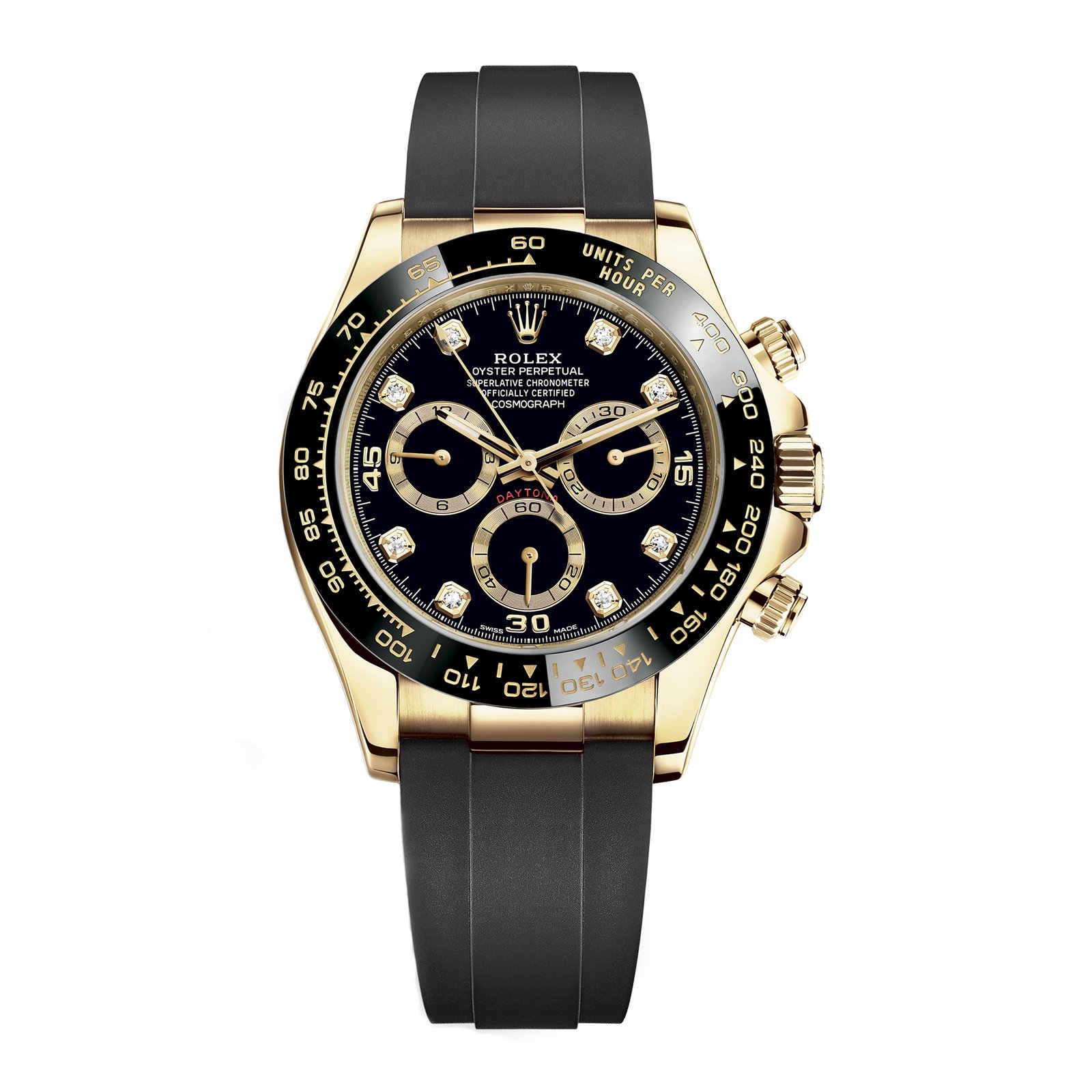 Rolex Cosmograph Daytona 116518LN Black Diamond Dial Oysterflex Yellow Gold Men’s Watch