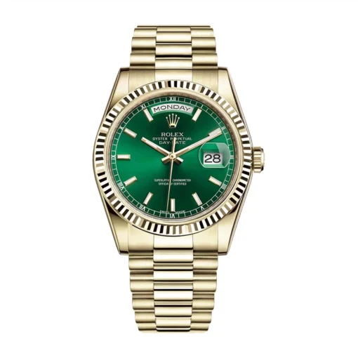 Rolex 118238 Day-Date Green Dial Fluted Bezel Yellow Gold President Bracelet 36 mm Watch