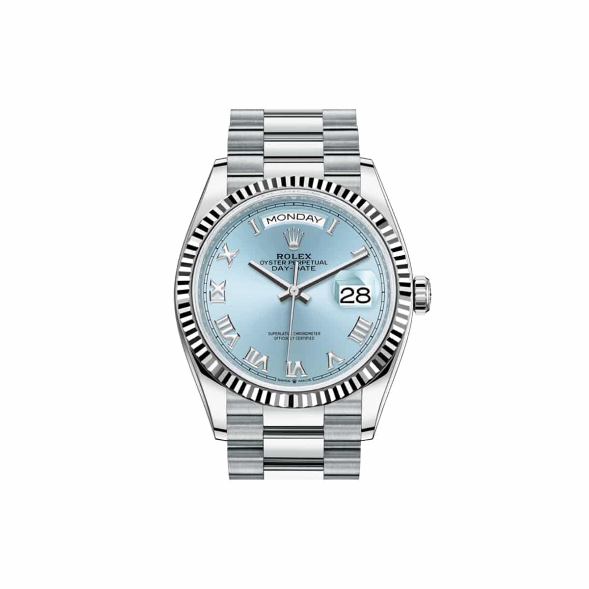 Rolex Day-Date 128236 Ice Blue Roman Dial and Platinum President Bracelet Watch