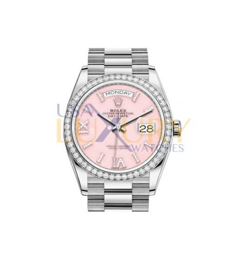 Rolex Day-Date 128239 18K White Gold President Diamond Bezel Pink Opal Diamond Dial