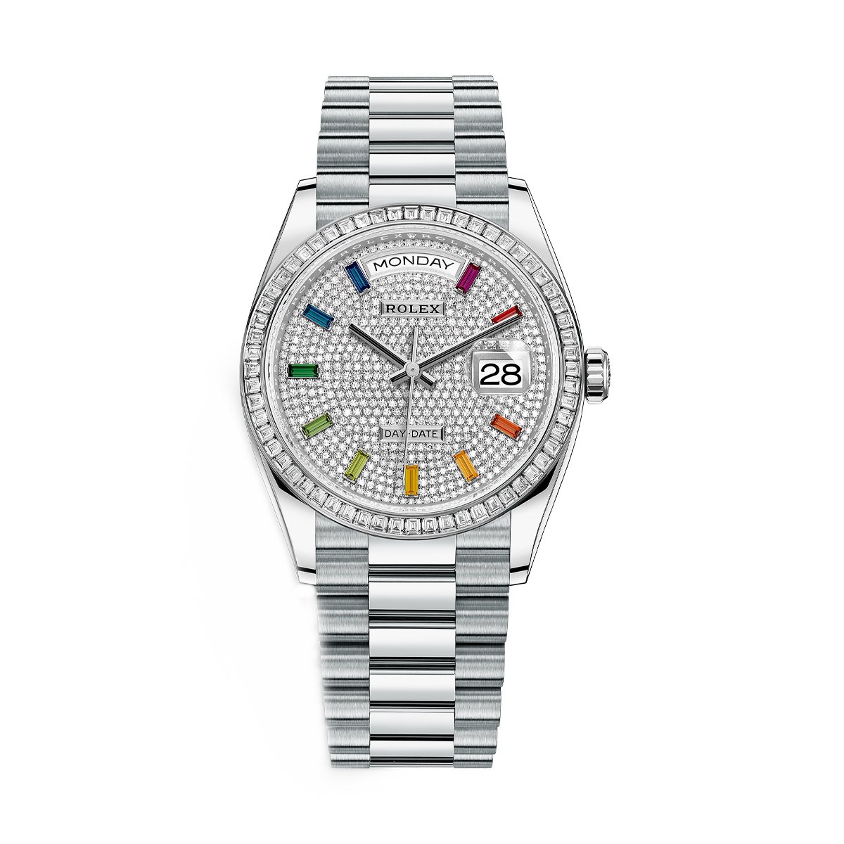 Rolex Day-Date 128396TBR Diamond-paved Dial with Rainbow-colored Sapphires Platinum Bracelet Watch