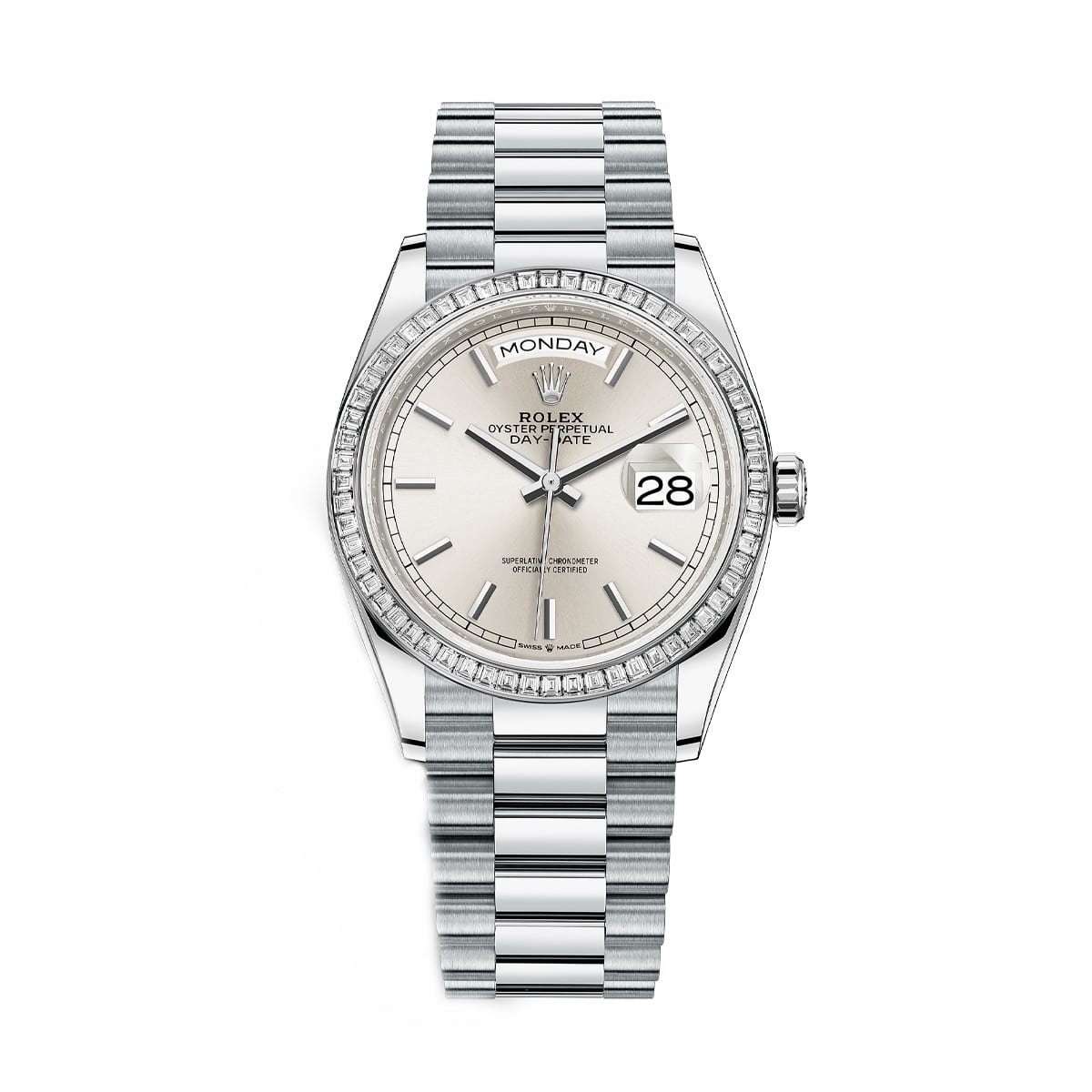 Rolex Day Date 128396TBR Silver Dial Diamond Bezel Platinum President Bracelet Watch