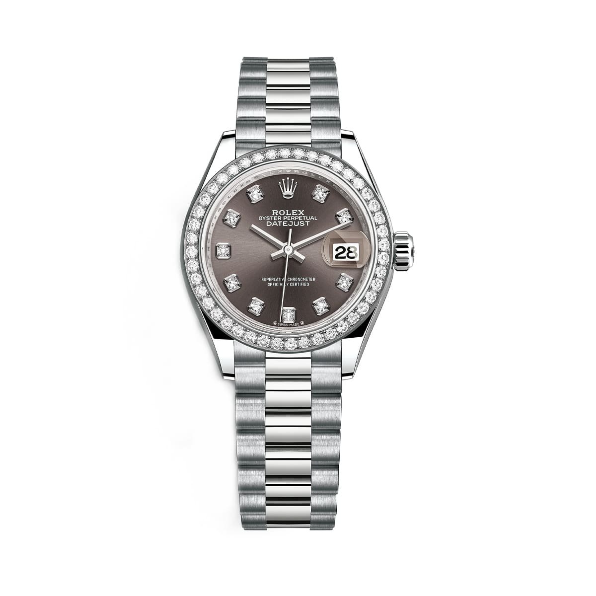 Rolex Lady-Datejust 279139RBR Dark Grey Diamond Dial White Gold President Bracelet Watch