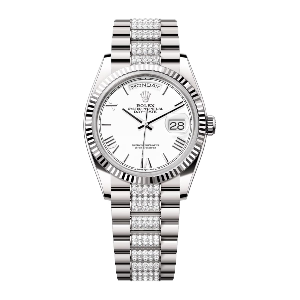 Rolex Day-Date 128239-0060 White Roman Dial, Diamond Bracelet