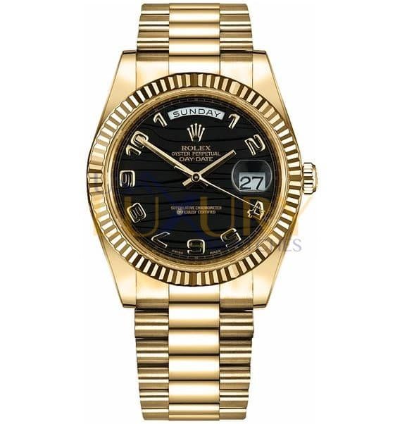 Rolex Day-Date II 218238 18K Yellow Gold Black Wave Arabic Dial 41mm Watch