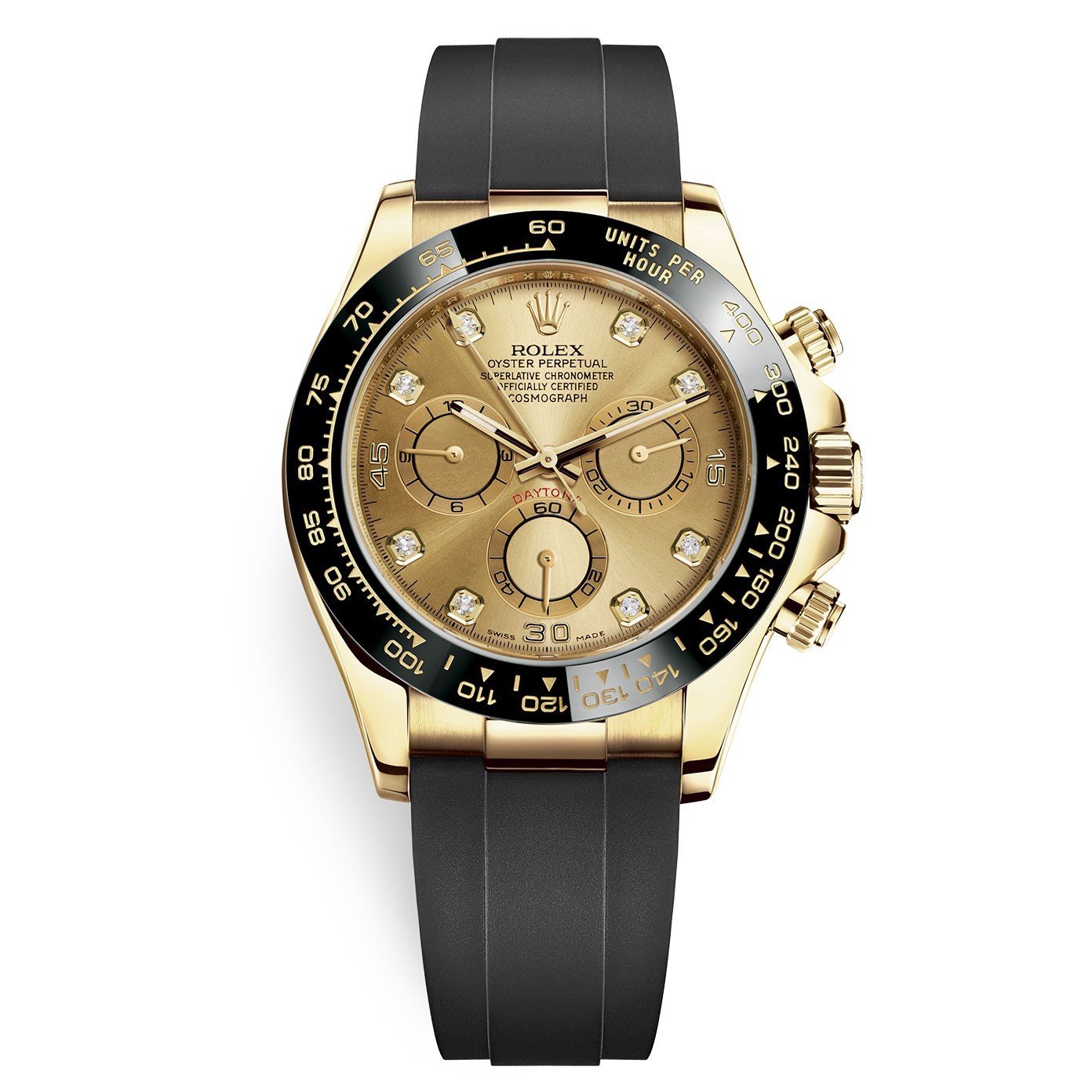 Rolex Cosmograph Daytona 116518LN Champagne Diamond Dial Oysterflex Yellow Gold Mens Watch