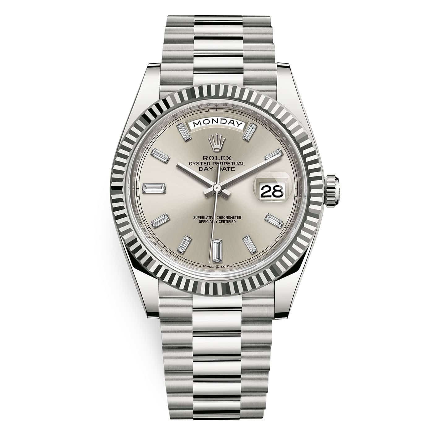 Rolex Day-Date 228239-0003 Silver Baguette Dial 40mm White Gold