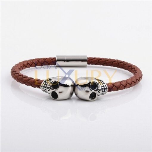Stainless Steel Double Skeletons Man Bracelet Real Cow Brown Leather Men Fashion Jewelry