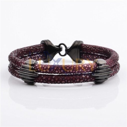 Stainless Steel Charm With Real Stingray Leather Men’s Bracelet, Black