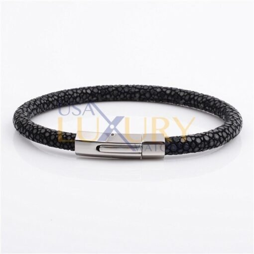 Stainless Steel Charm With Real Stingray Leather Men’s Bracelet Black