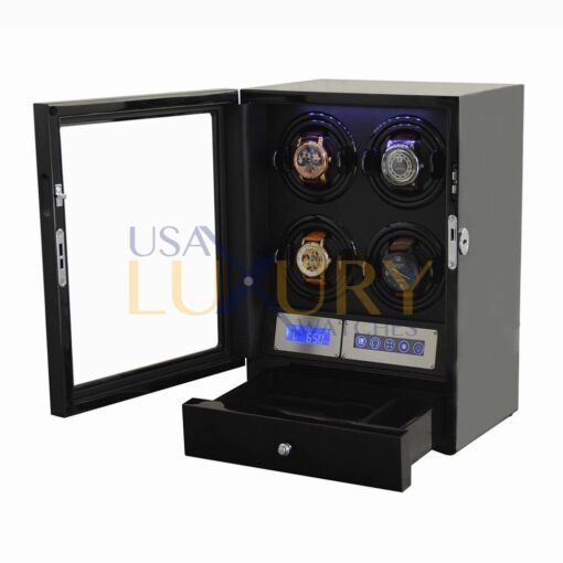 Watch Winder Case Display Black Box with Storage Drawer LED Touch Pad Controls