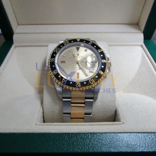 Rolex 16713 GMT II Yellow Gold Steel Serti Diamond Ruby Watch - Image 9
