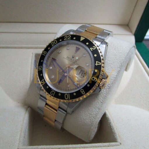 Rolex 16713 GMT II Yellow Gold Steel Serti Diamond Ruby Watch - Image 8
