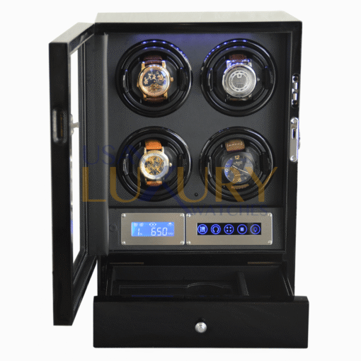 Watch Winder Case Display Black Box with Storage Drawer LED Touch Pad Controls - Image 8